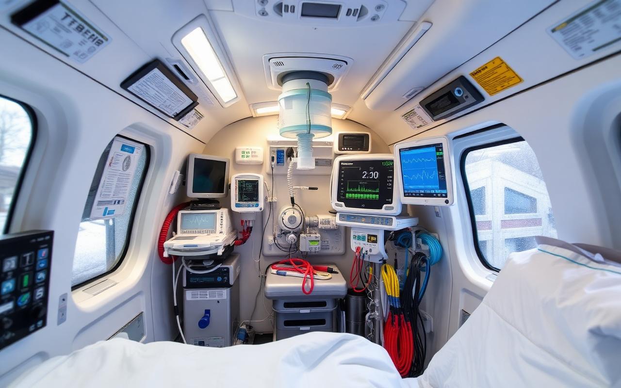 Cabina di aeroambulanza in configurazione ICU con ventilatore monitor multiparametrico e barella ancorata