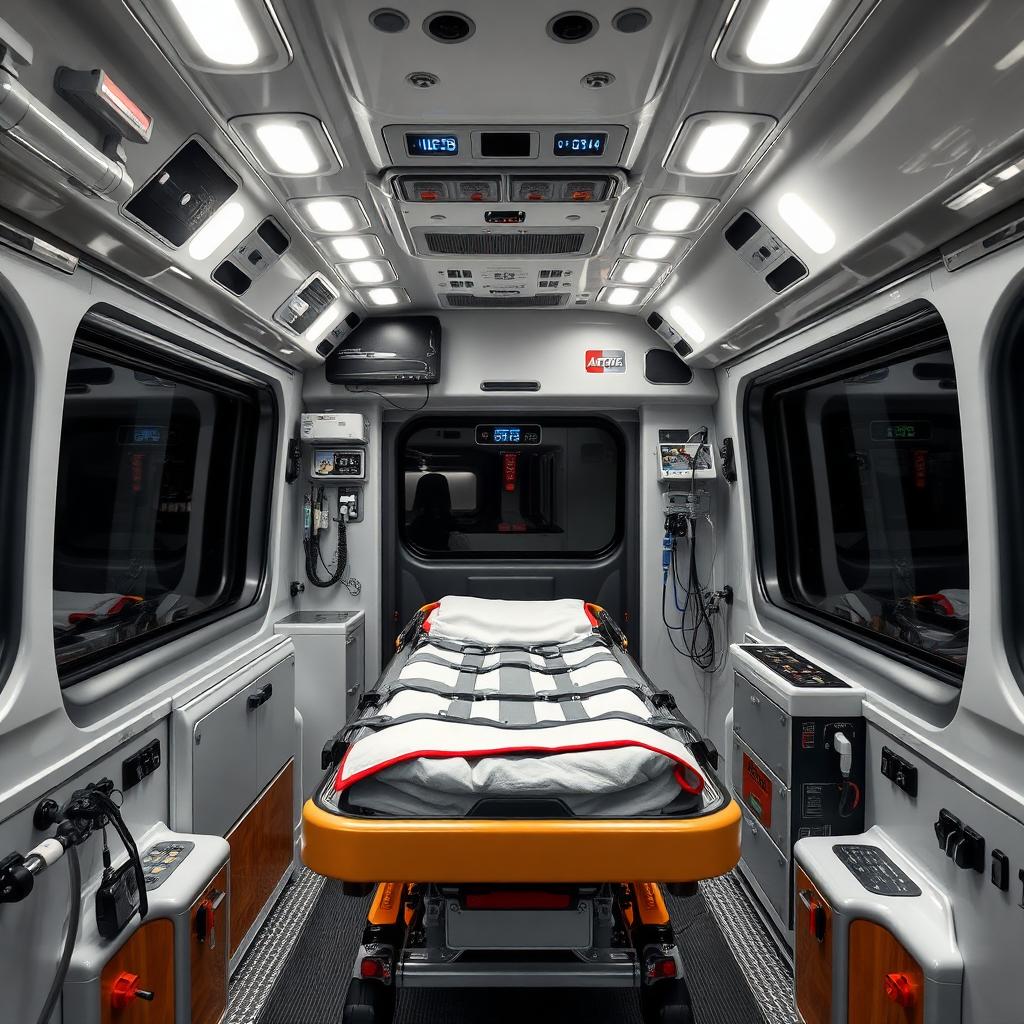 Interno di ambulanza di tipo A con barella autocaricante e attrezzatura sanitaria