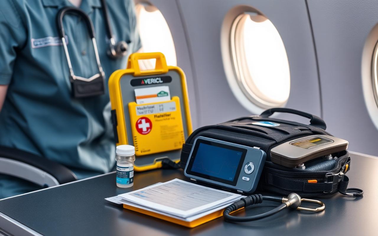 Kit clinico portatile per attrezzatura Medical Escort con monitor defibrillatore e farmaci su volo di linea