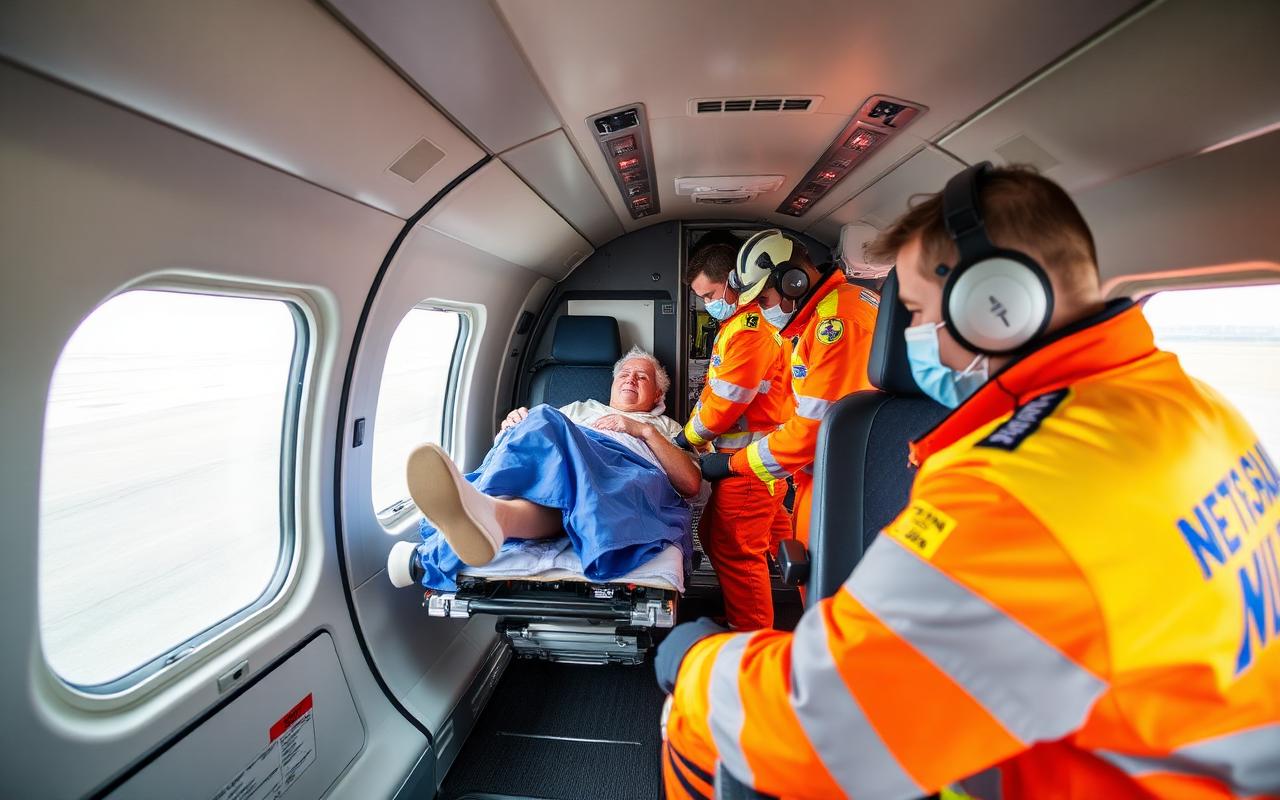 Ambulanza in pista per servizio bed to bed con trasferimento dal volo sanitario alla struttura
