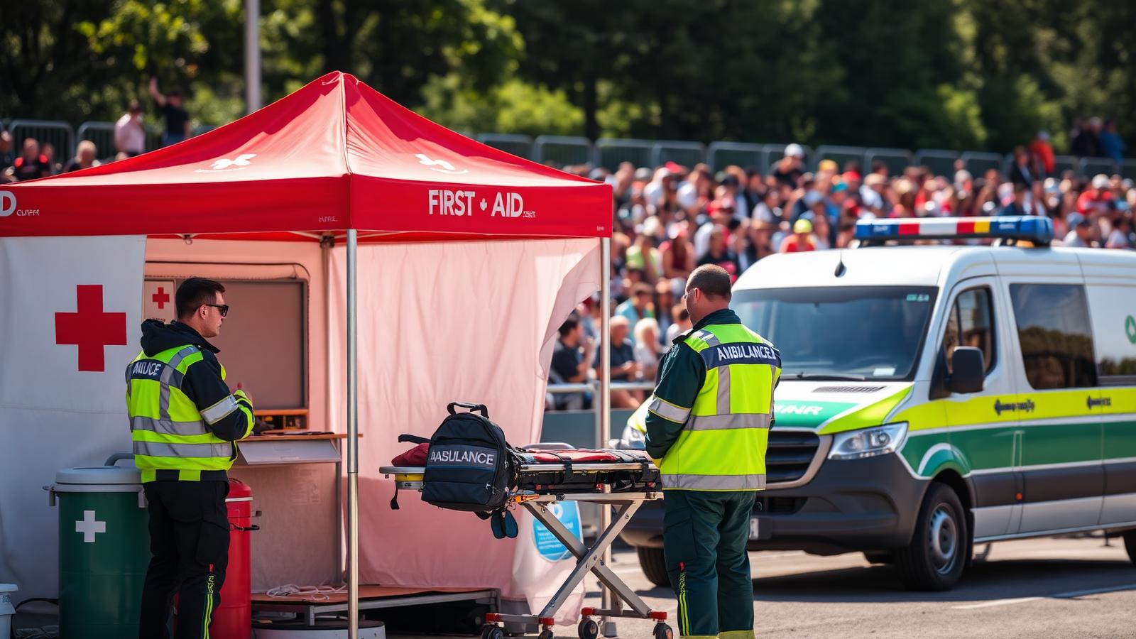 Equipe di paramedici con gilet ad alta visibilità accanto a un'ambulanza durante un evento all'aperto