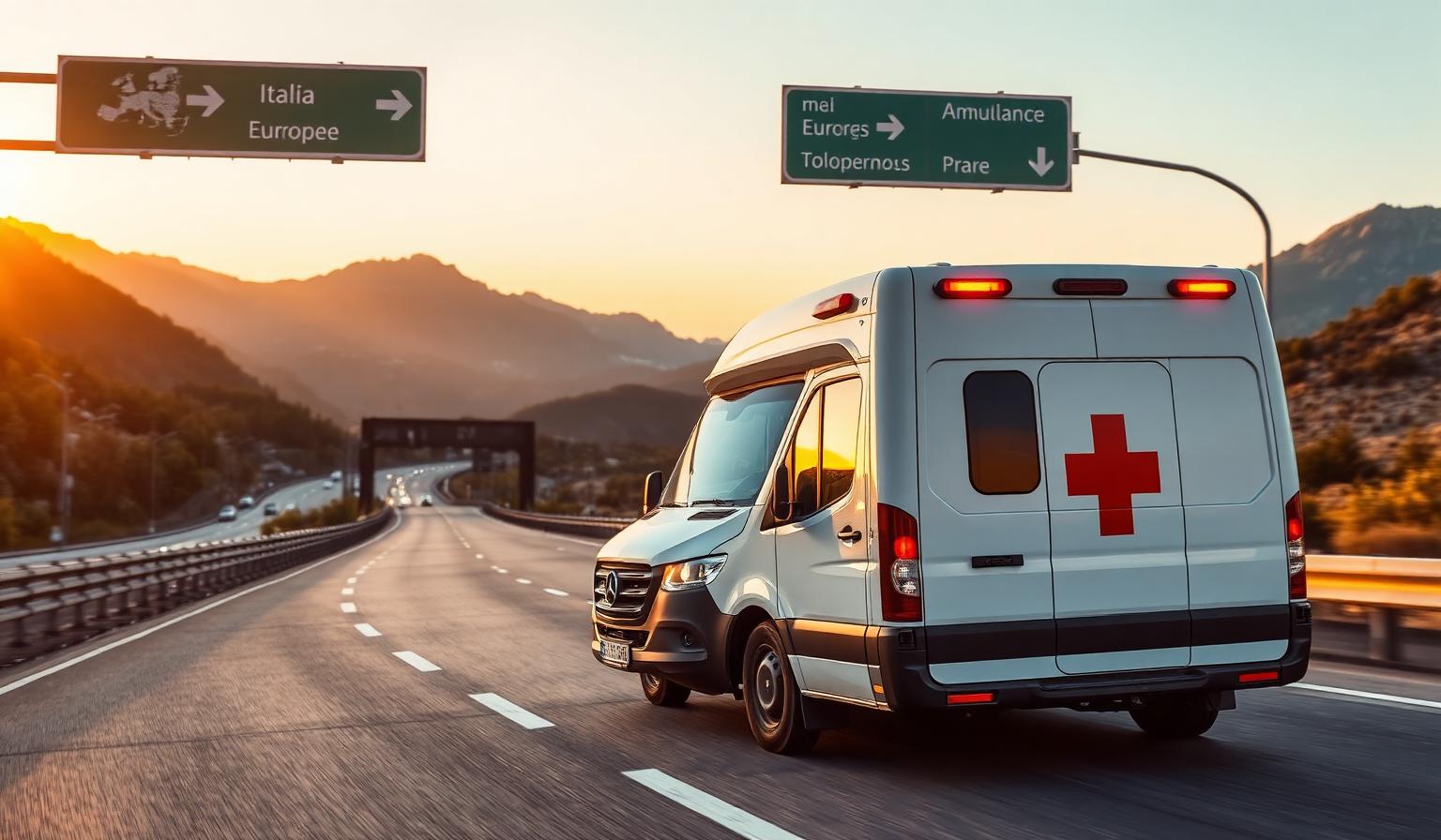 Ambulanza privata a lunga percorrenza su autostrada europea per trasporto sanitario in tutti i Comuni d'Italia e all'estero