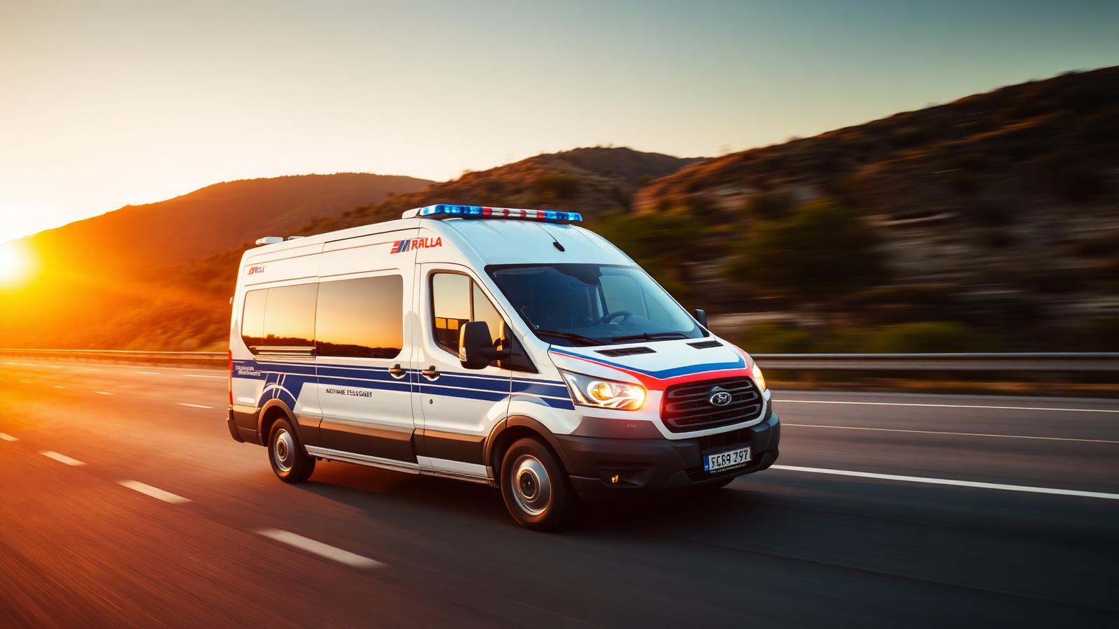 Ambulanza privata in viaggio su autostrada italiana al tramonto