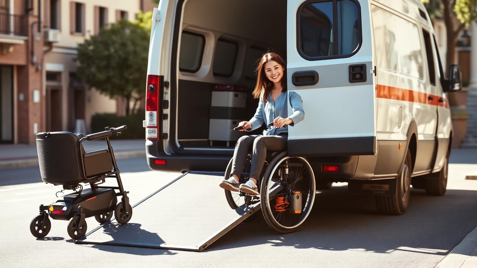 Persona con disabilità sale autonomamente su taxi sanitario dedicato