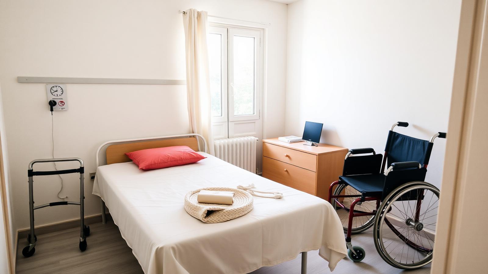 Stanza preparata per dimissioni ospedaliere con letto e ausili