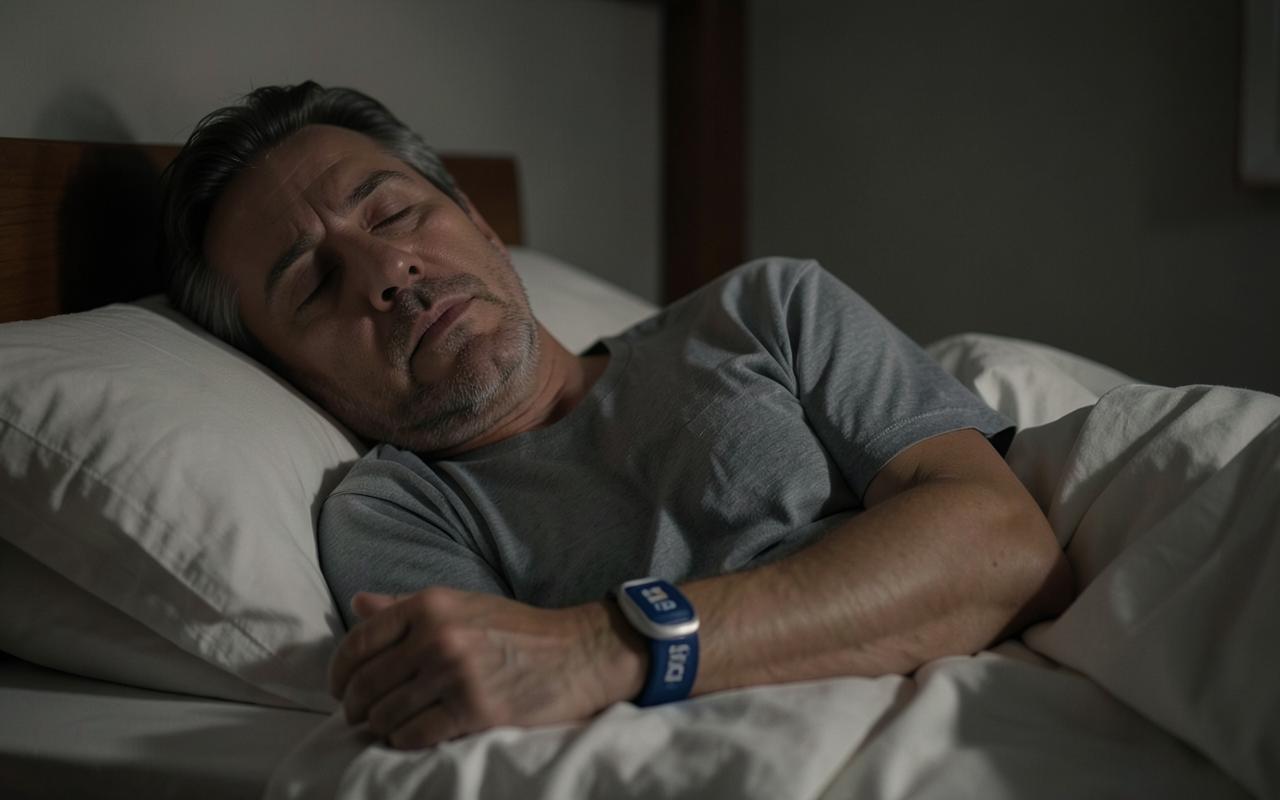 Uomo che dorme nel proprio letto indossando il bracciale dell'holter pressorio per il monitoraggio notturno