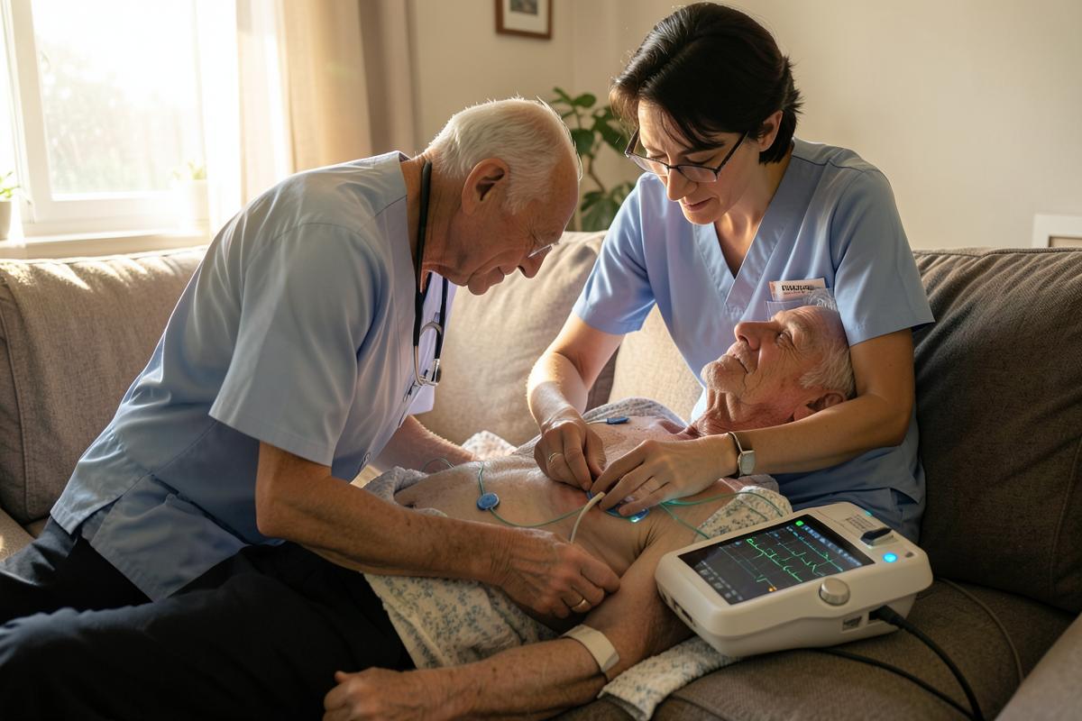 Infermiere esegue un elettrocardiogramma a domicilio a un paziente anziano sul divano di casa con elettrocardiografo portatile