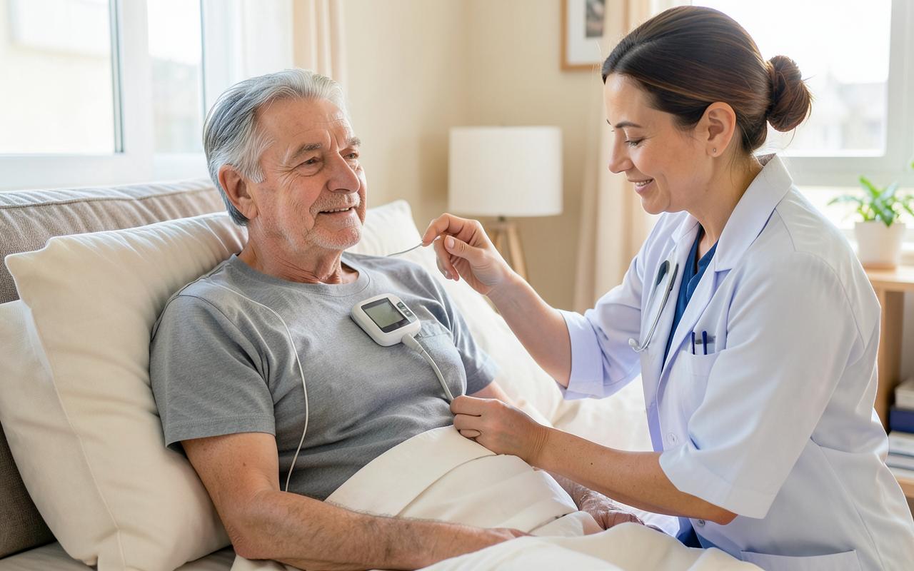 Tecnico sanitario applica gli elettrodi dell'holter cardiaco a un paziente anziano nella propria abitazione