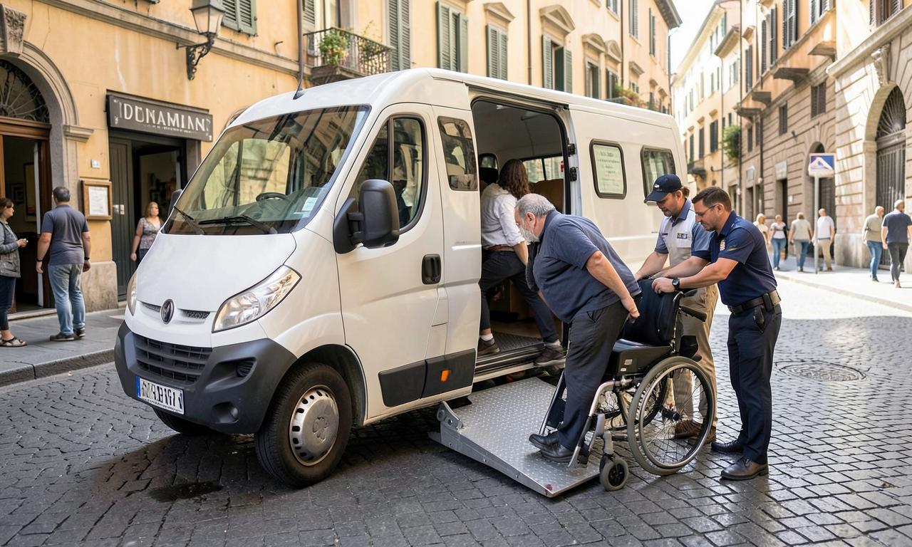 Pulmino per disabili con pedana idraulica abbassata e persona in carrozzina che sale