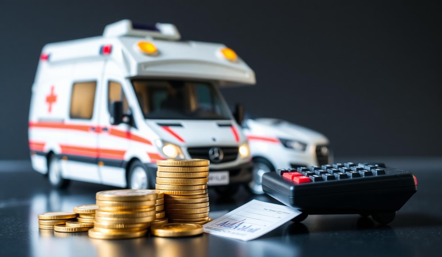Ambulanza privata con monete euro e calcolatrice per illustrare prezzi al chilometro del trasporto sanitario in Italia