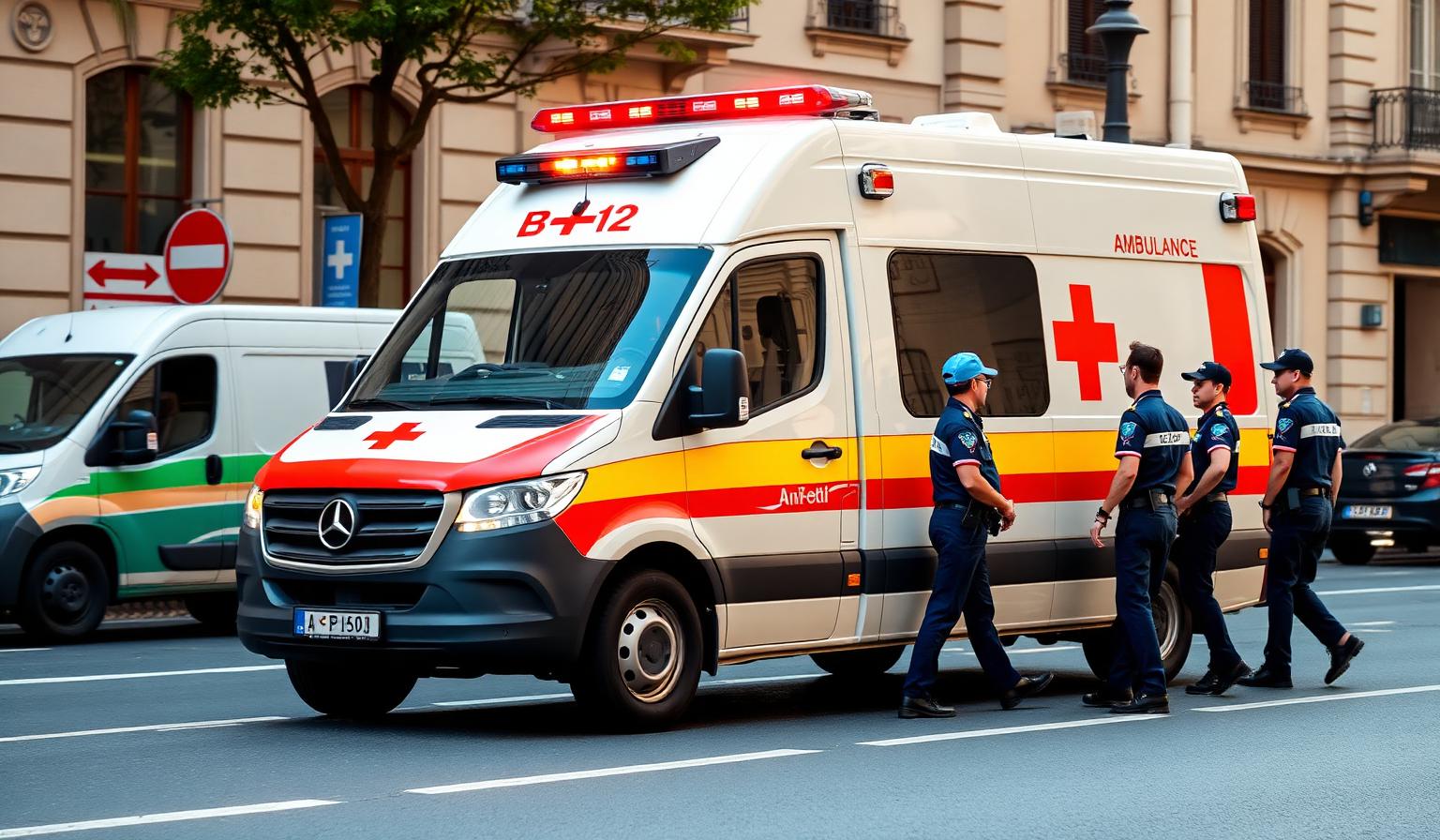 Ambulanza privata italiana per trasporto sanitario con equipaggio in strada urbana