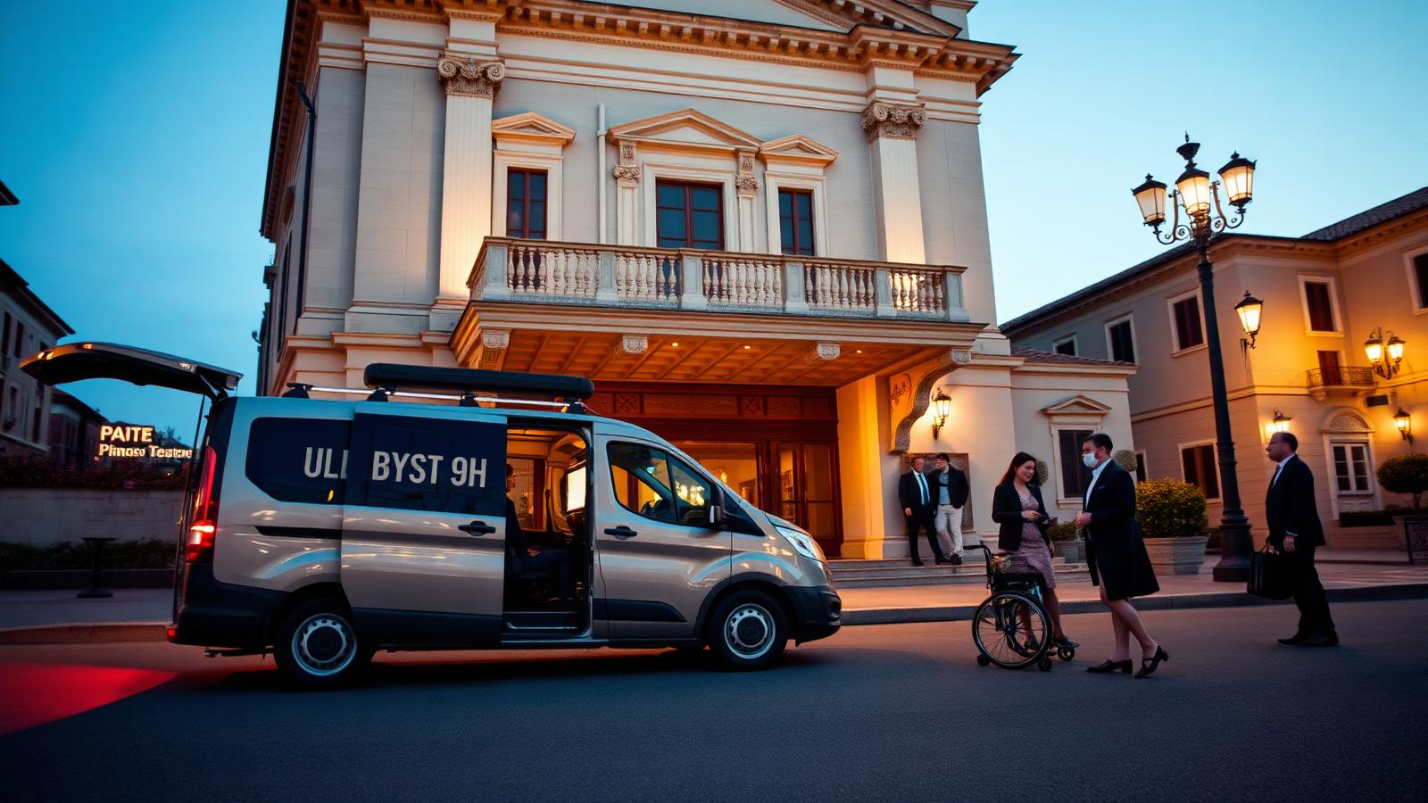 Van per trasporto disabili davanti a teatro per evento speciale