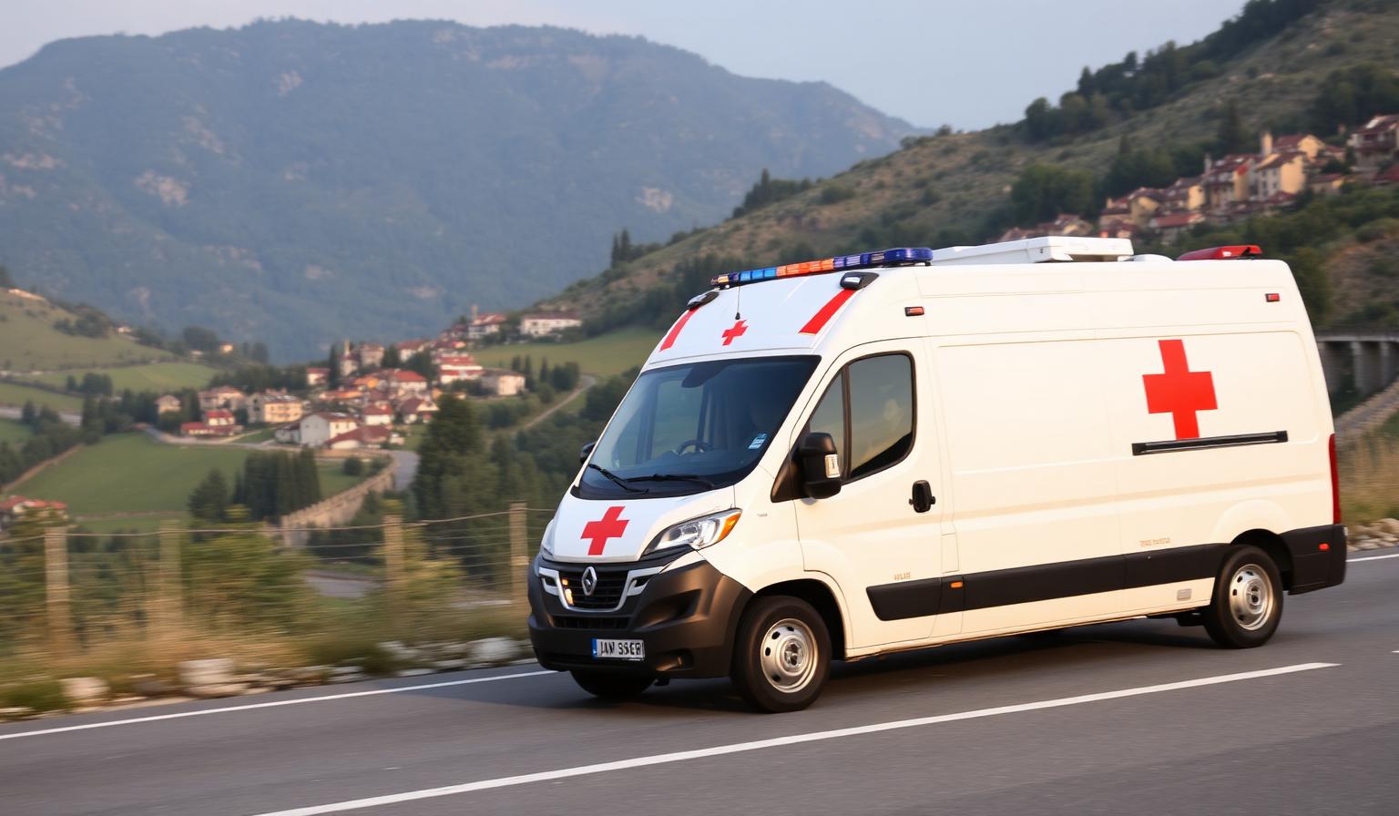 Ambulanza privata su strada italiana con borgo collinare per servizio trasporto sanitario in tutti i Comuni d'Italia