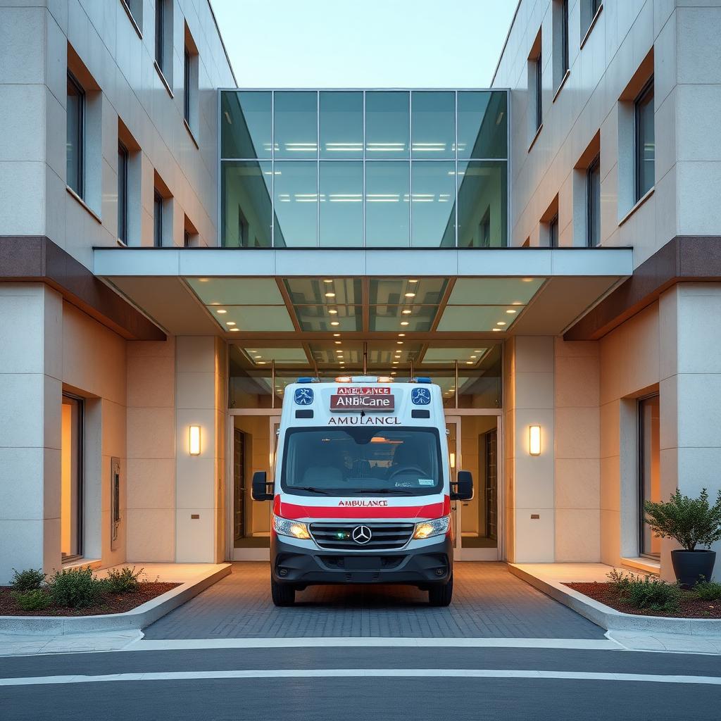 Ambulanza privata in arrivo davanti a un centro di eccellenza IRCCS in Italia