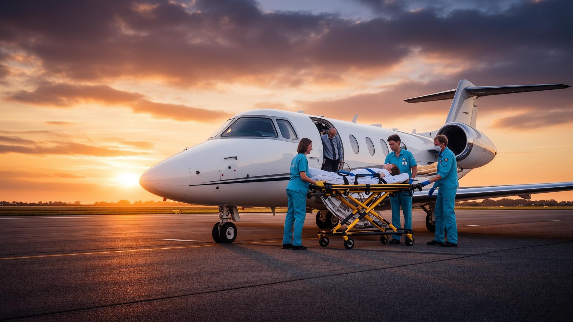 Aereo sanitario privato con team medico al tramonto durante un trasferimento internazionale