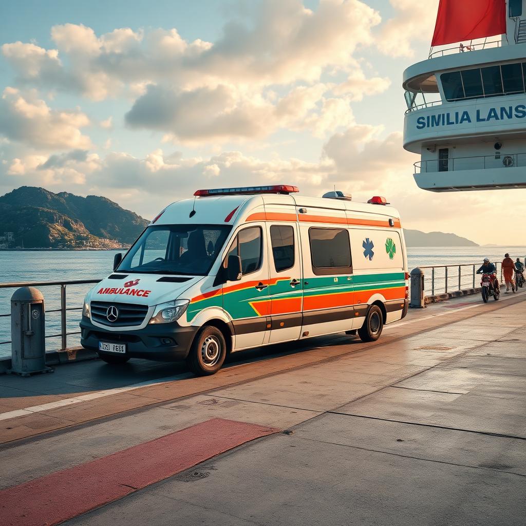 Ambulanza privata in imbarco su traghetto per collegamenti sanitari con le isole maggiori