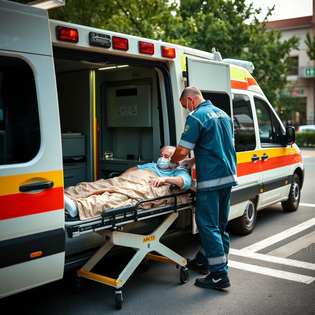 Soccorritore aiuta paziente in barella autocaricante alle dimissioni interregionali