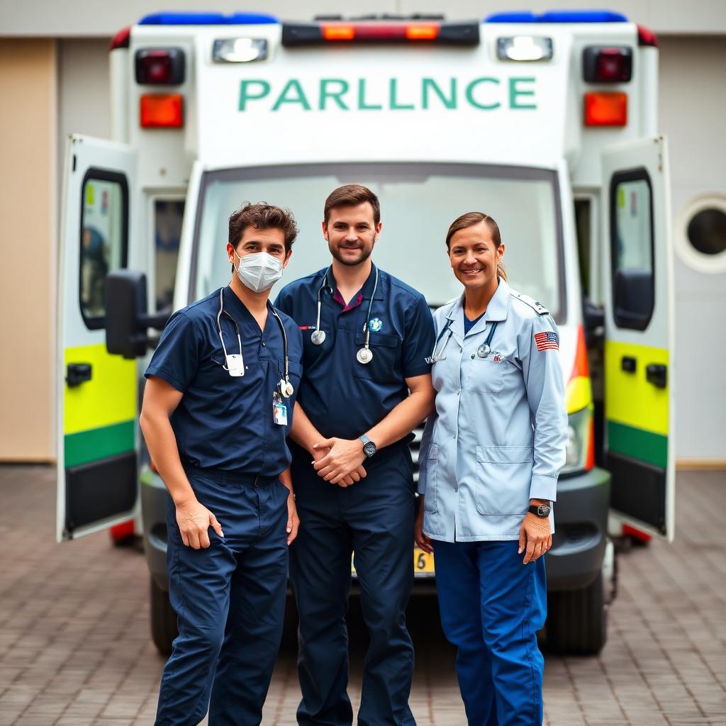 Equipaggio sanitario flessibile di Assistiamo Te con medico, infermiere e soccorritore davanti all'ambulanza