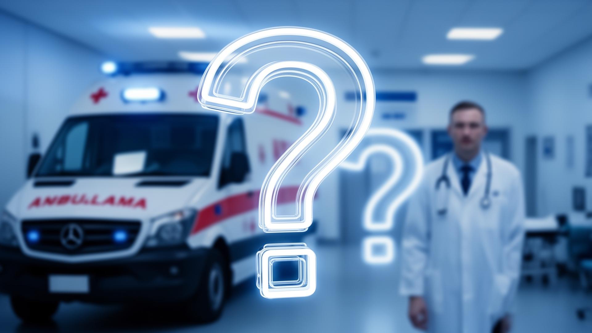 Domande frequenti su trasporto sanitario, assistenza domiciliare e voli sanitari Punto interrogativo luminoso su sfondo di ambulanza e medico: FAQ Assistiamo Te