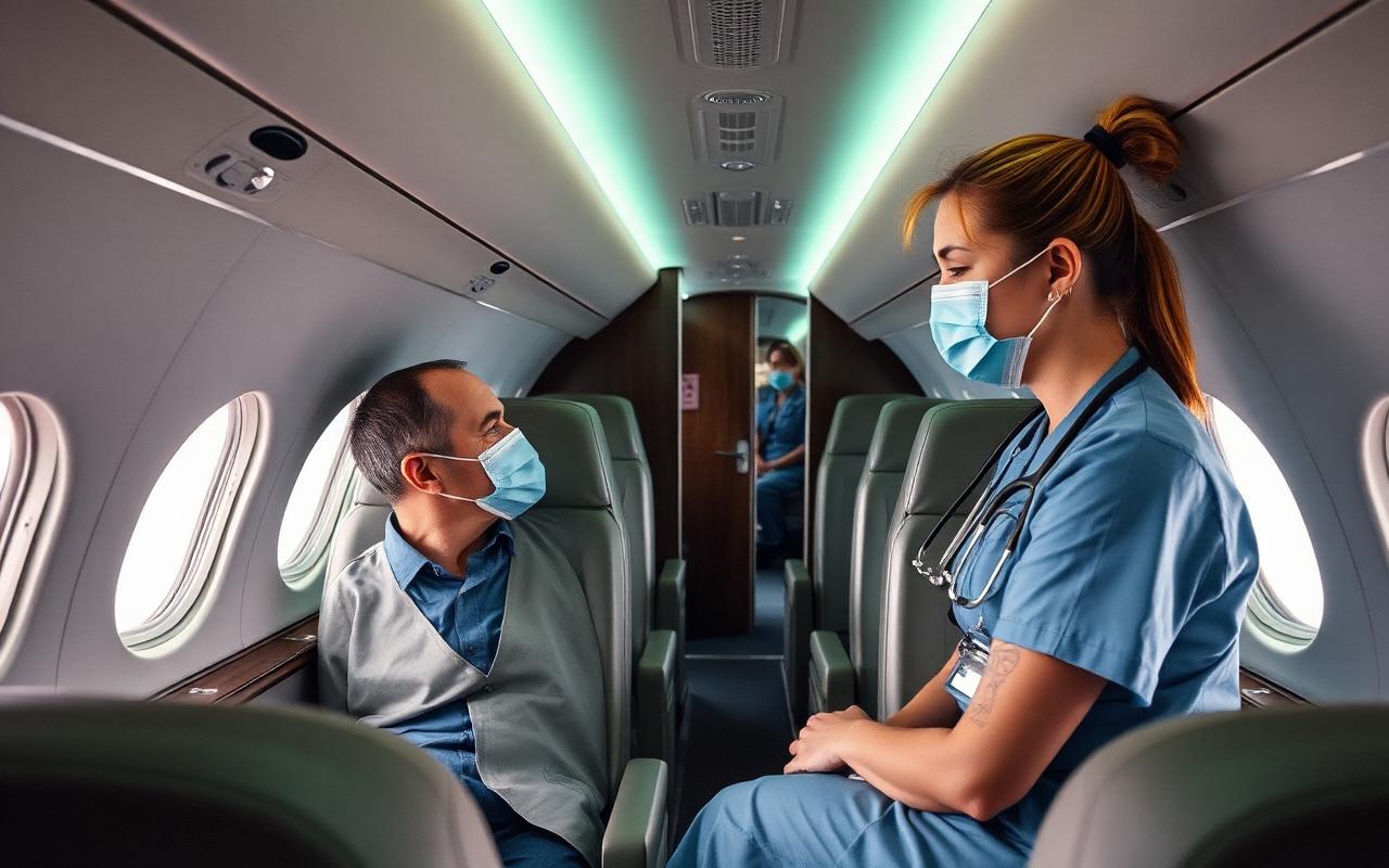 Equipe medica con kit portatile su volo di linea per servizio di Medical Escort