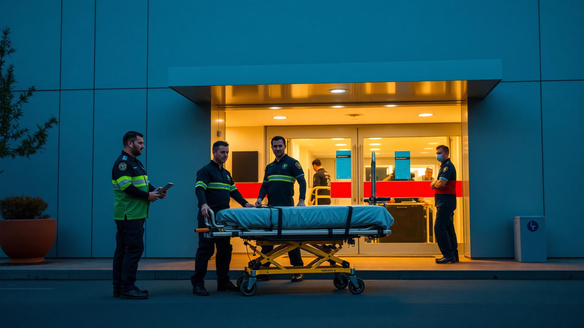 Equipaggio di ambulanza privata Assistiamo Te con barella all'ingresso di un ospedale italiano - servizi di trasporto sanitario 24/7