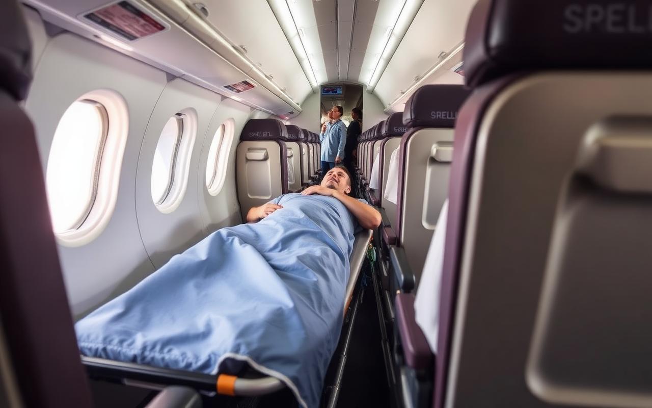 Barella installata su volo di linea per stretcher service in cabina commerciale