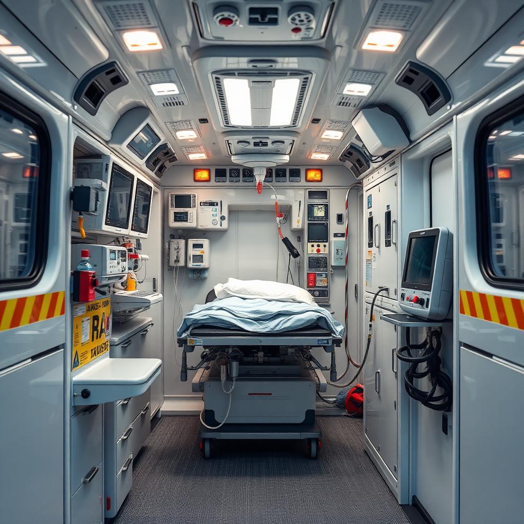 Interno di un'unità di terapia intensiva mobile MICU tipo A con monitor e ventilatore