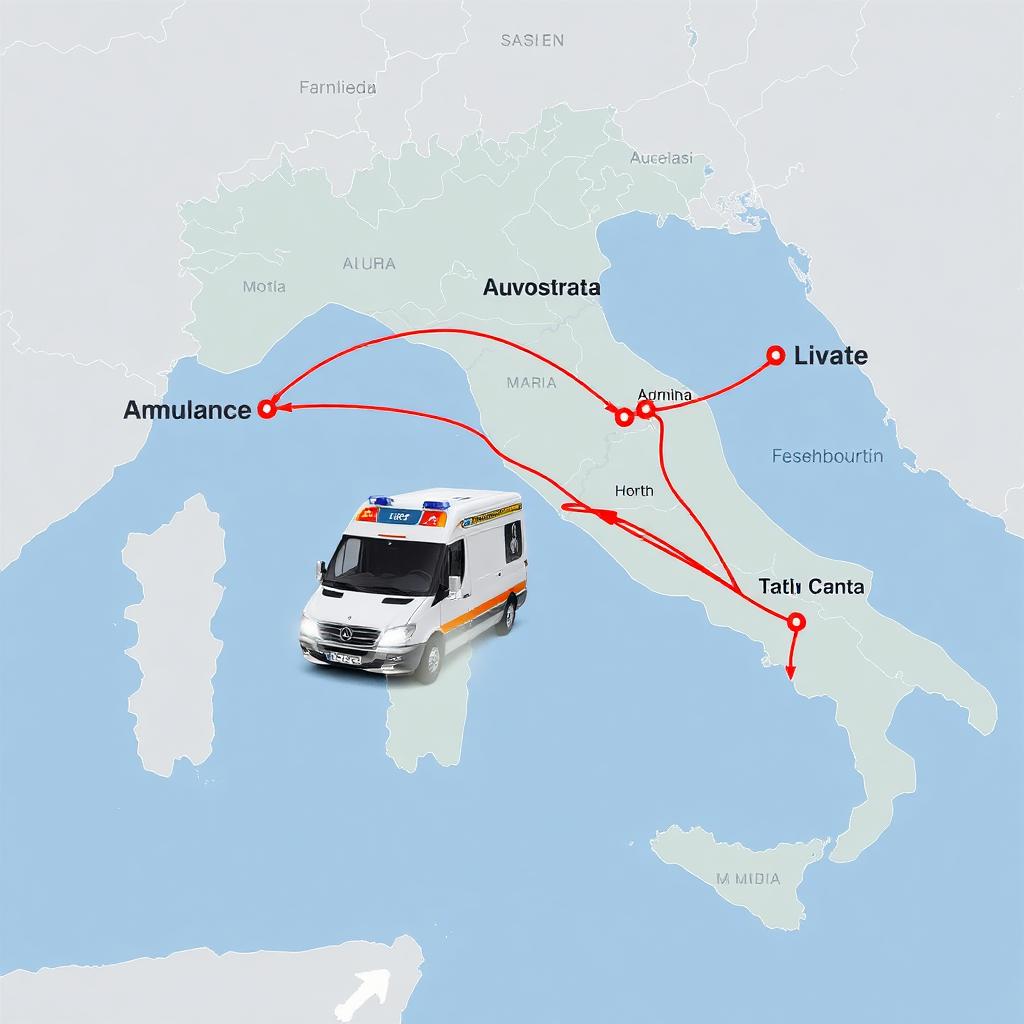 Mappa Italia con rotte Nord-Sud per trasferimenti sanitari in ambulanza privata