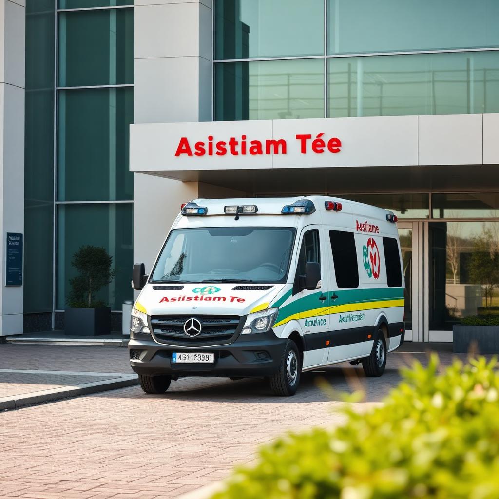 Ambulanza privata Assistiamo Te all'ingresso di un centro di alta specialità
