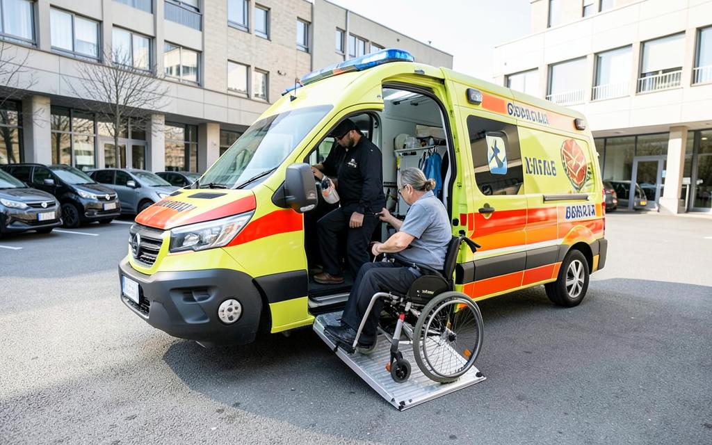 Ambulanza privata con rampa per carrozzina, persona in sedia a rotelle assistita durante la salita a bordo
