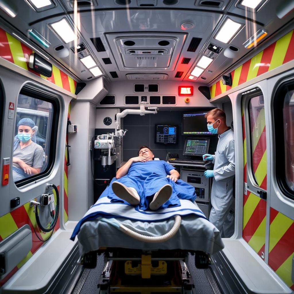 Interno ambulanza con paziente critico intubato e ventilatore meccanico Assistiamo Te