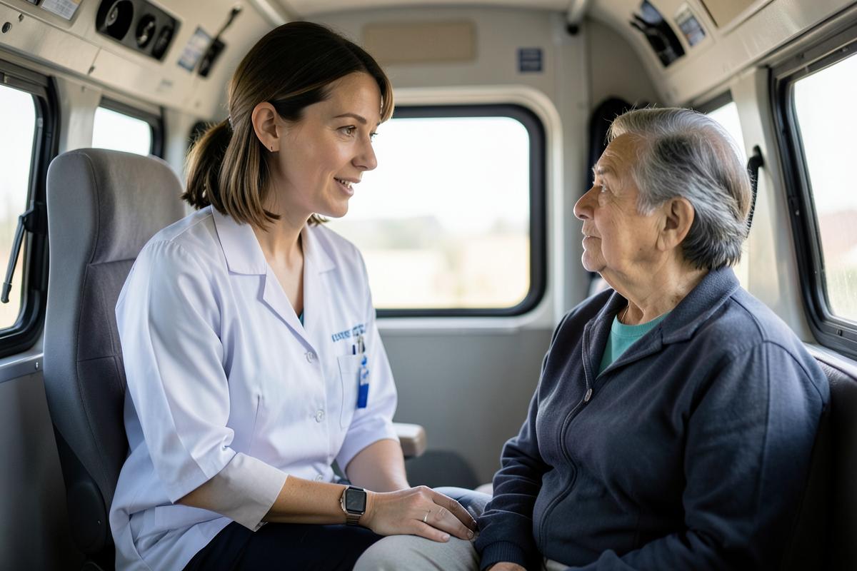 Operatrice sanitaria parla con calma a un paziente anziano seduto all'interno di un mezzo di trasporto sanitario