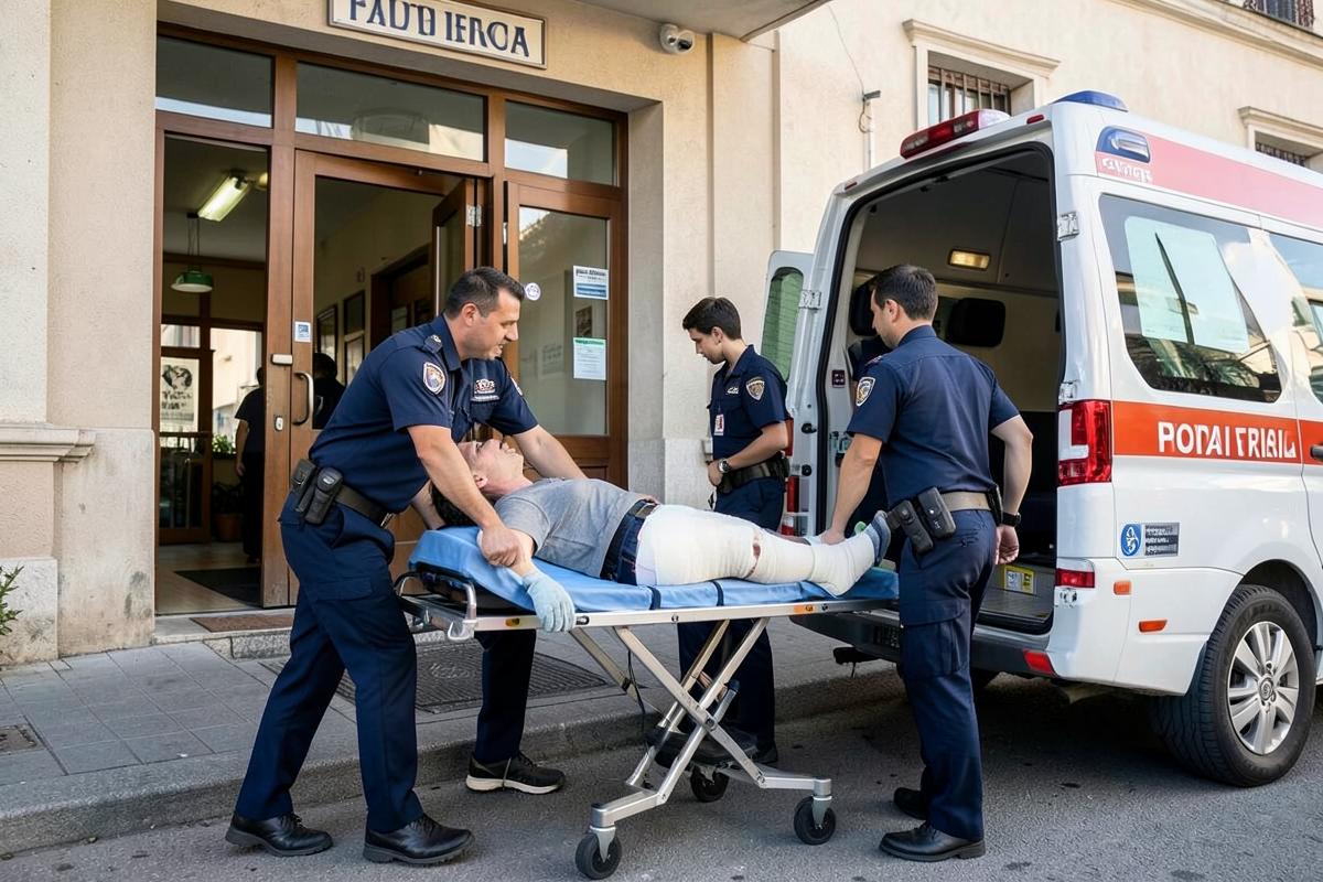 Due soccorritori caricano su un'ambulanza privata un paziente con gamba ingessata dopo un intervento chirurgico