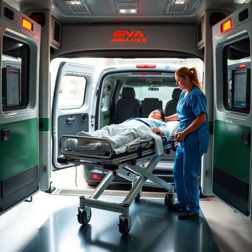 Paziente trasferito in barella verso ambulanza privata per dimissione ospedaliera con infermiere accompagnatore