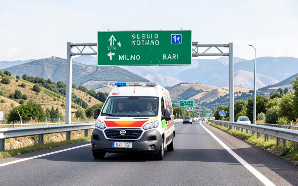 Ambulanza privata in viaggio su autostrada italiana tra Nord e Sud con cartello indicatore per Milano e Bari